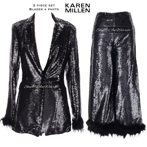 Karen Millen NWT 2 PC black feather trim sequin  blazer + pants *shop@iamwarrior - Picture 9 of 11